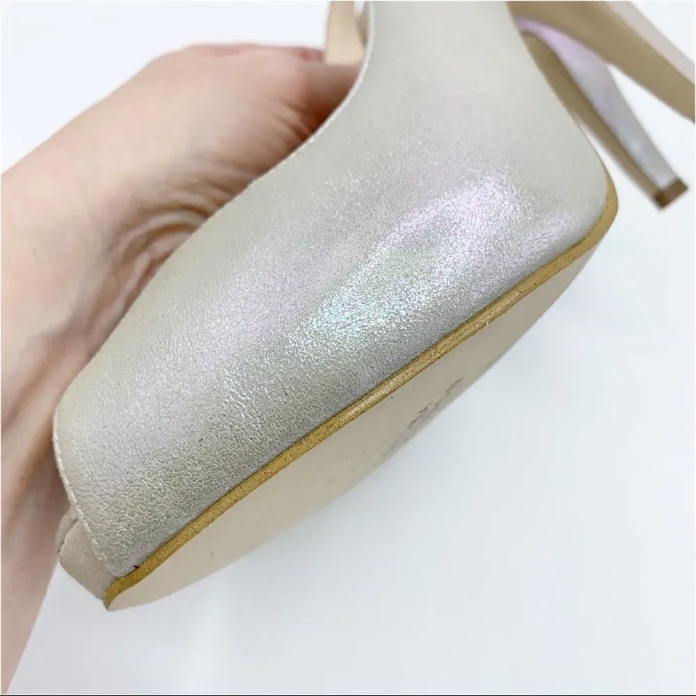 Lulu Townsend‎ Tara Iridescent Silver Sling Back Peep Toe Platform Evening Heels